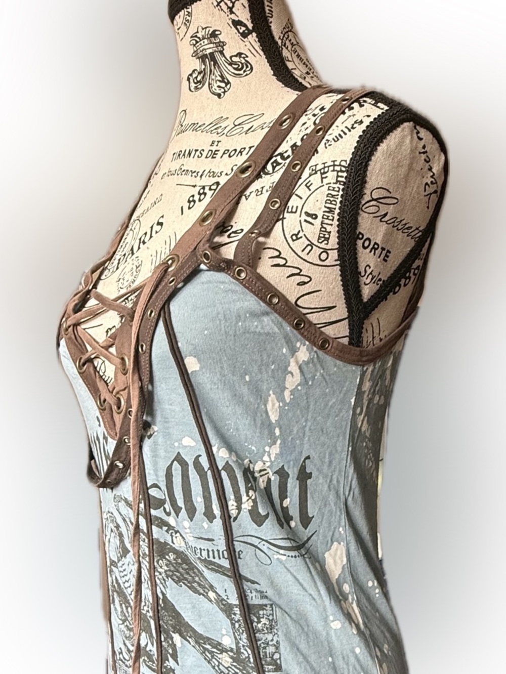 Blue Graphic Lace-Up Mini Dress with Brown Eyelet Detail - Picture 2 of 5